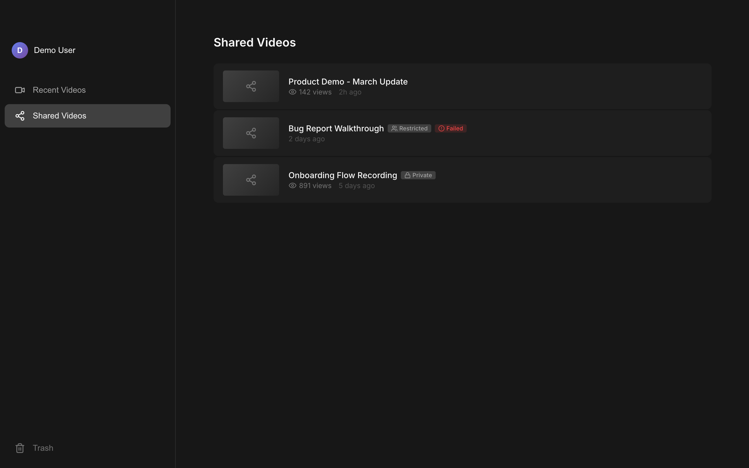 Shared Videos dashboard