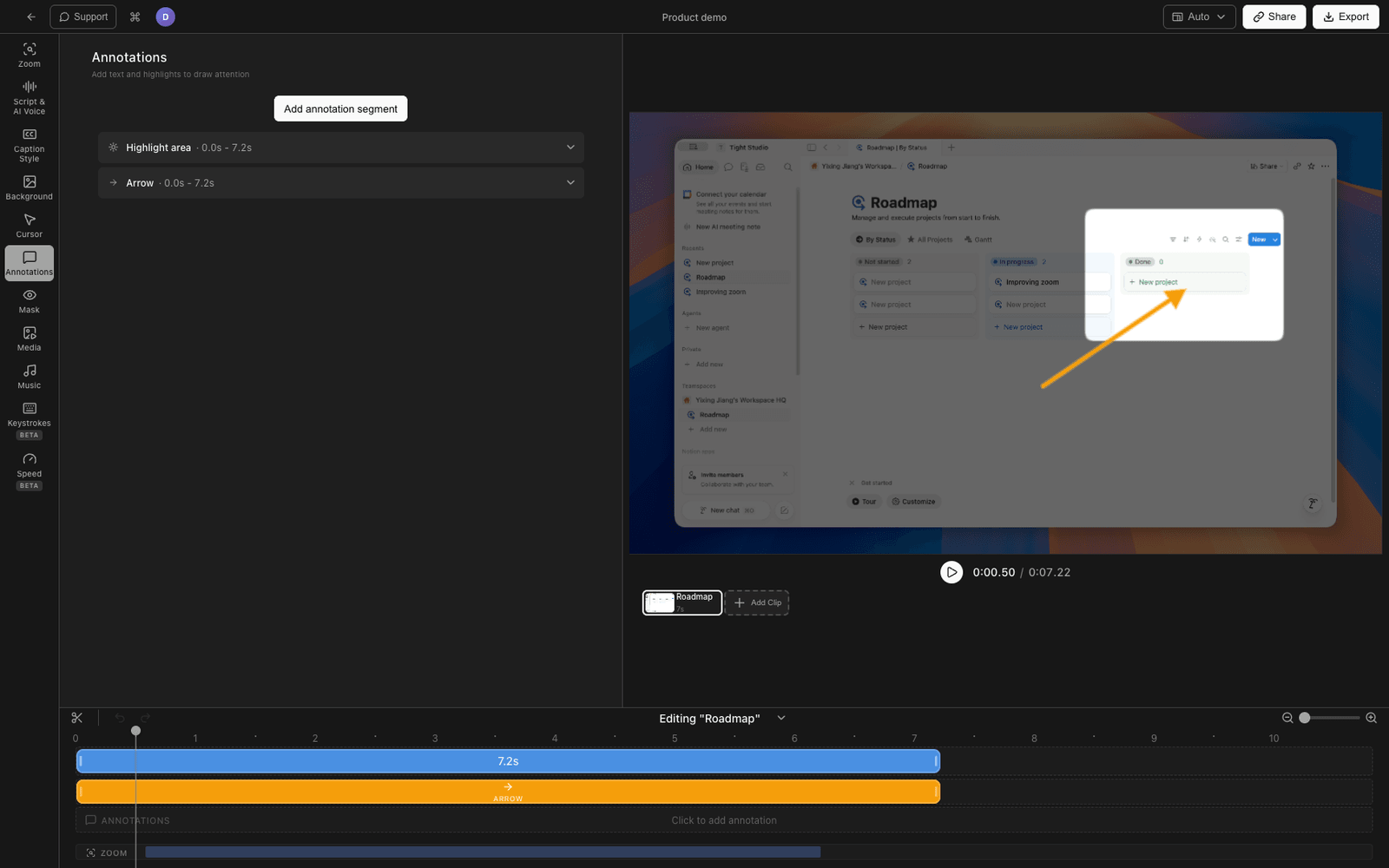 Tight Studio editor with smart zoom and cursor animation
