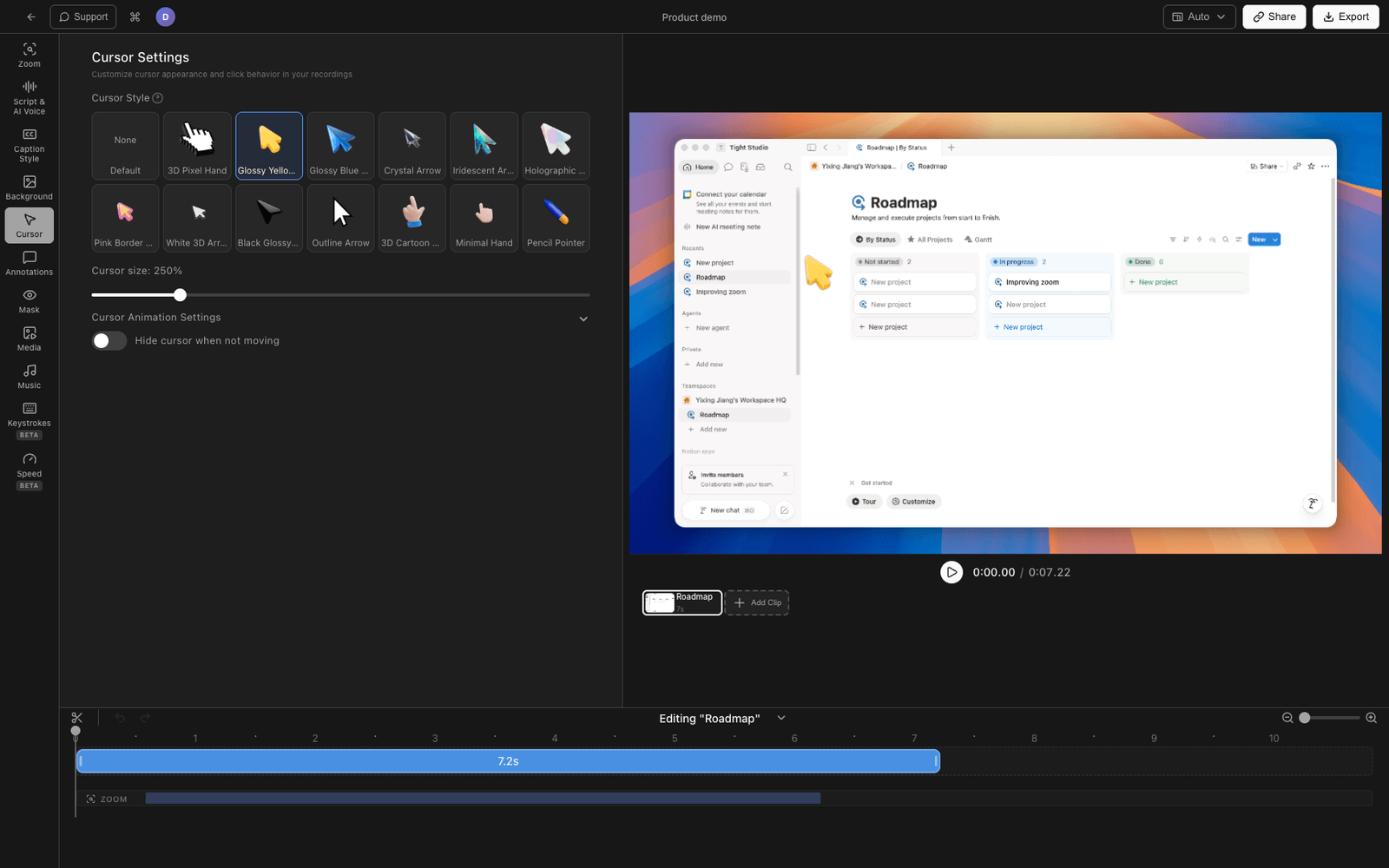 Tight Studio cursor settings panel with cursor style options, size slider, and animation toggles