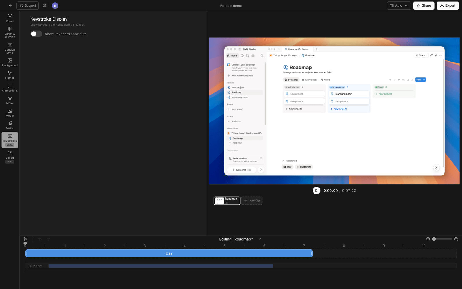 Tight Studio keystroke overlay settings for a screen recording