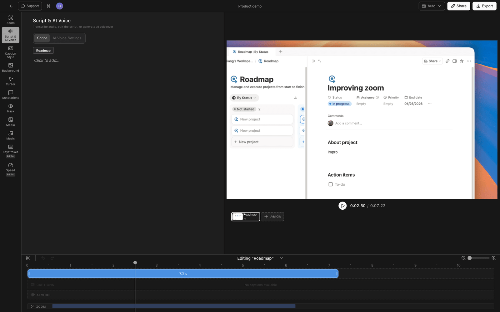 Tight Studio Script and AI Voice panel showing per-clip script editing and AI voiceover generation