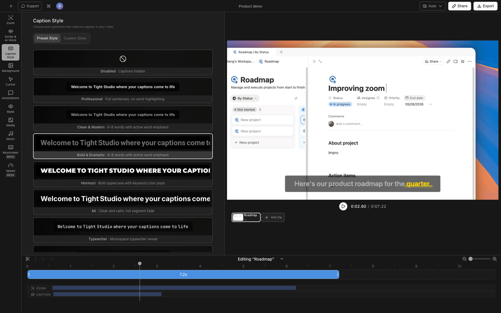 Tight Studio stylish captions on a screen recording